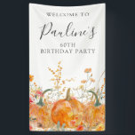 60th Birthday Pumpkin Wildflower Vertical Outdoor Banner<br><div class="desc">Fall pumpkins are nestled in delicate golden yellow and orange wildflowers to create an elegant aesthetic. All of the text is editable so you can easily craft your own special mood.</div>