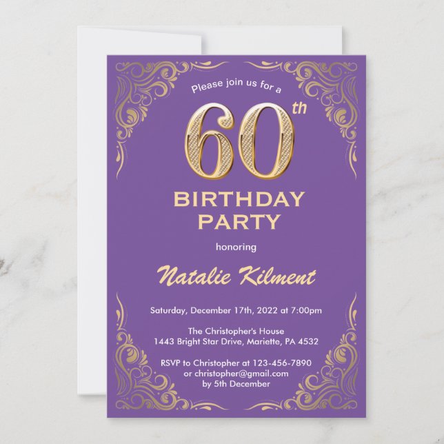 60th Birthday Purple and Gold Glitter Frame Invitation (Front)