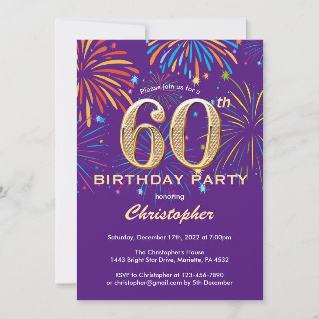 60th Birthday Purple and Gold Rainbow Fireworks Invitation (Front)