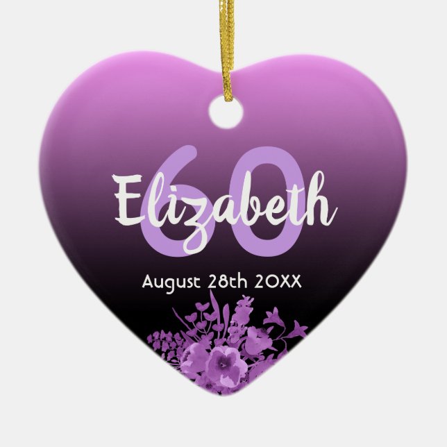 60th birthday purple black floral name ceramic tree decoration (Front)