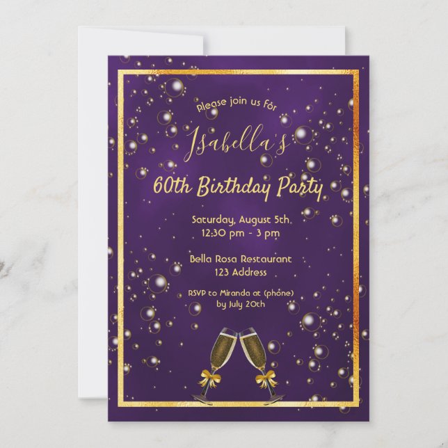 60th birthday purple gold bubbles invitation (Front)