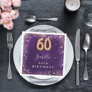 60th birthday purple gold glitter name napkin