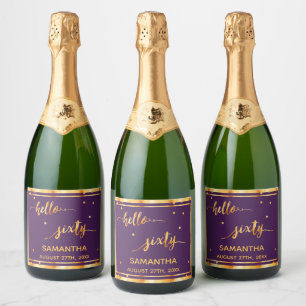 60th birthday purple gold name script sparkling wine label