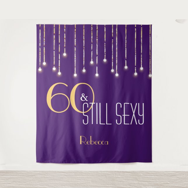 60th Birthday Purple Gold Photo Booth Backdrop Tapestry (Front)
