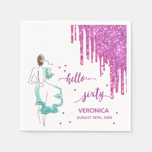 60th birthday purple pink glitter drip hello 60 napkin