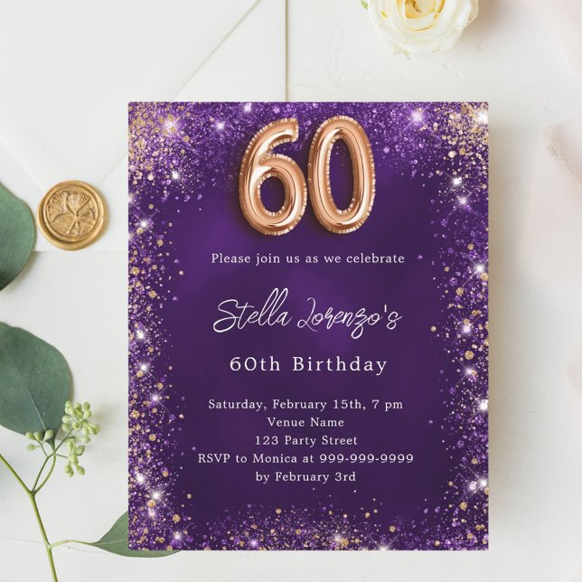 60th Birthday purple rose gold invitation (Creator Uploaded)