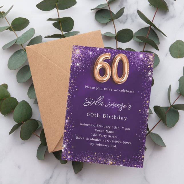 60th Birthday purple rose gold sparkles Invitation (Creator Uploaded)
