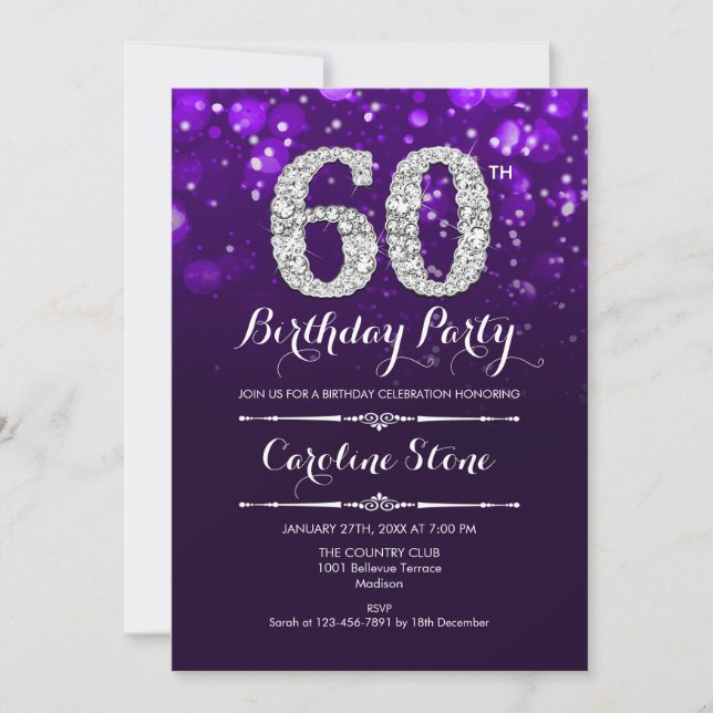 60th Birthday - Purple Silver Invitation (Front)