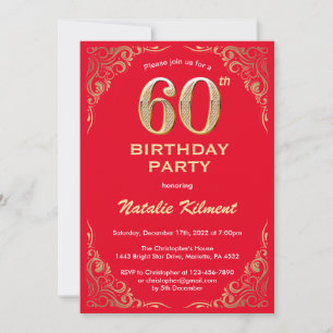 60th Birthday Red and Gold Glitter Frame Invitation