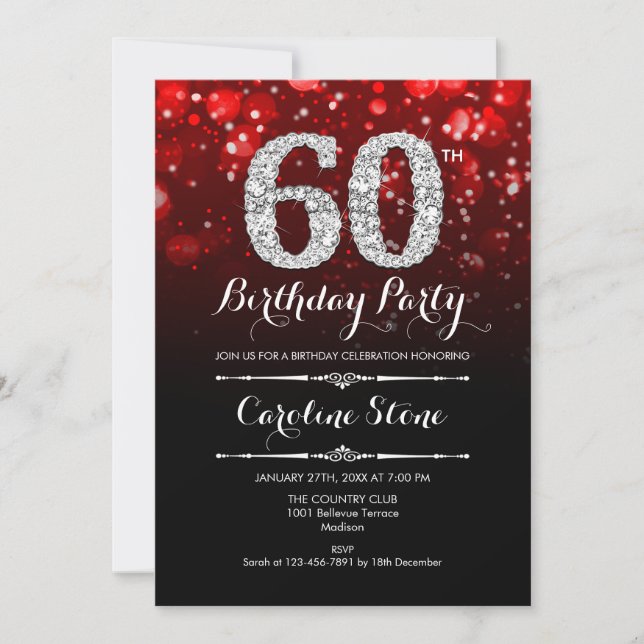 60th Birthday - Red Black Silver Invitation (Front)