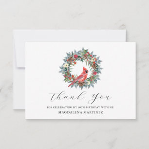 60th Birthday Red Cardinal Wreath Custom Flat Thank You Card