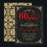 60th Birthday - Red Gold Black Damask Invitation<br><div class="desc">60th Birthday Invitation.
Elegant vintage red,  black and faux gold design with damask pattern. Features script font. Cheers to 60 years! Can be personalized into any age! Message me if you need further customization.</div>