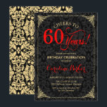 60th Birthday - Red Gold Black Damask Invitation<br><div class="desc">60th Birthday Invitation.
Elegant vintage red,  black and faux gold design with damask pattern. Features script font. Cheers to 60 years! Can be personalized into any age! Message me if you need further customization.</div>