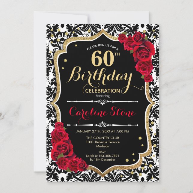 60th Birthday Red Roses Gold Black Damask Invitation (Front)