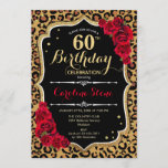 60th Birthday - Red Roses Leopard Print Invitation<br><div class="desc">60th Birthday Invitation.
Elegant red black white design with faux glitter gold. Features leopard cheetah animal print,  script font and roses. Perfect for an elegant birthday party. Can be personalised into any year! Message me if you need further customisation.</div>