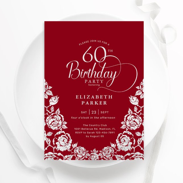 60th Birthday Red Silver Roses Invitation (Creator Uploaded)