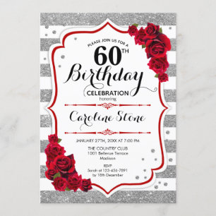 60th Birthday -  Red Silver White Stripes Roses Invitation