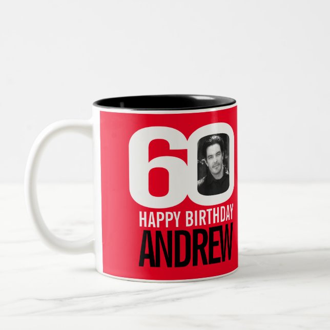 60th birthday red white custom photo name Two-Tone coffee mug (Left)