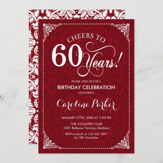 60th Birthday - Red White Damask Invitation (Front/Back)
