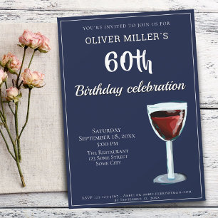 60th Birthday Red Wine Navy Blue Party Invitation