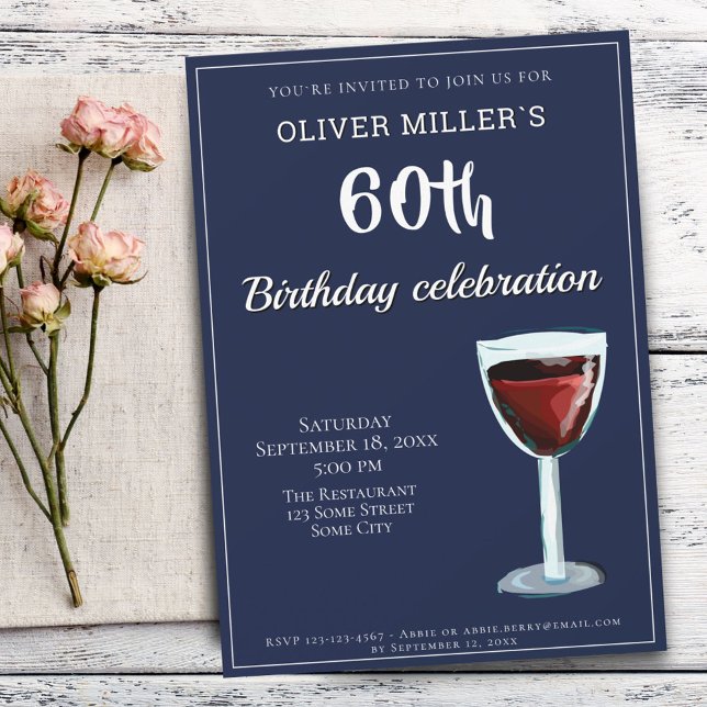 60th Birthday Red Wine Navy Blue Party Invitation (Creator Uploaded)