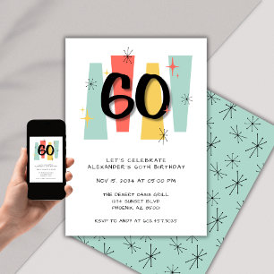 60th Birthday Retro Midcentury Modern Colourful Invitation