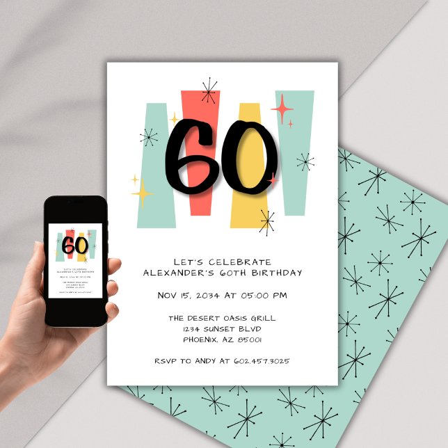 60th Birthday Retro Midcentury Modern Colourful Invitation (Creator Uploaded)