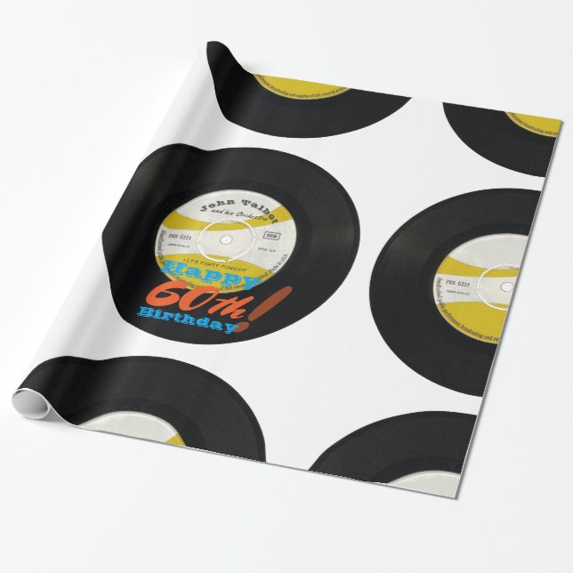 60th Birthday Retro Vinyl Record 45 RPM Name WP Wrapping Paper (Unrolled)
