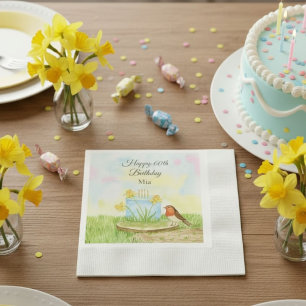 60th Birthday Robin with Daffodil Cake Napkin