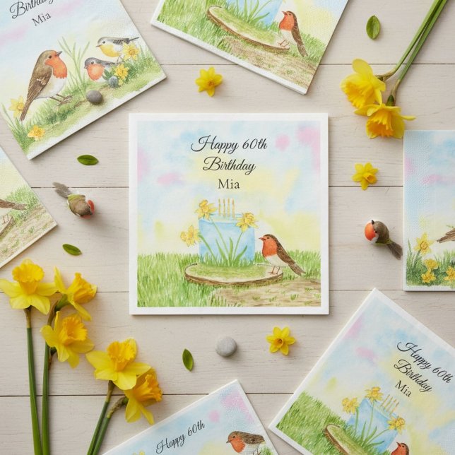 60th Birthday Robin with Daffodil Cake Napkin (Creator Uploaded)