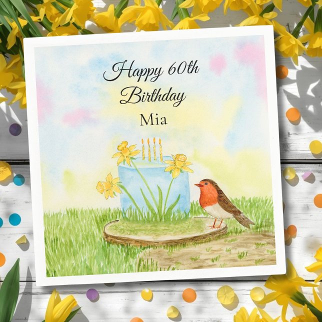 60th Birthday Robin with Daffodil Cake Napkin (Creator Uploaded)