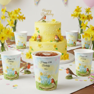 60th Birthday Robin with Daffodil Cake Paper Cups