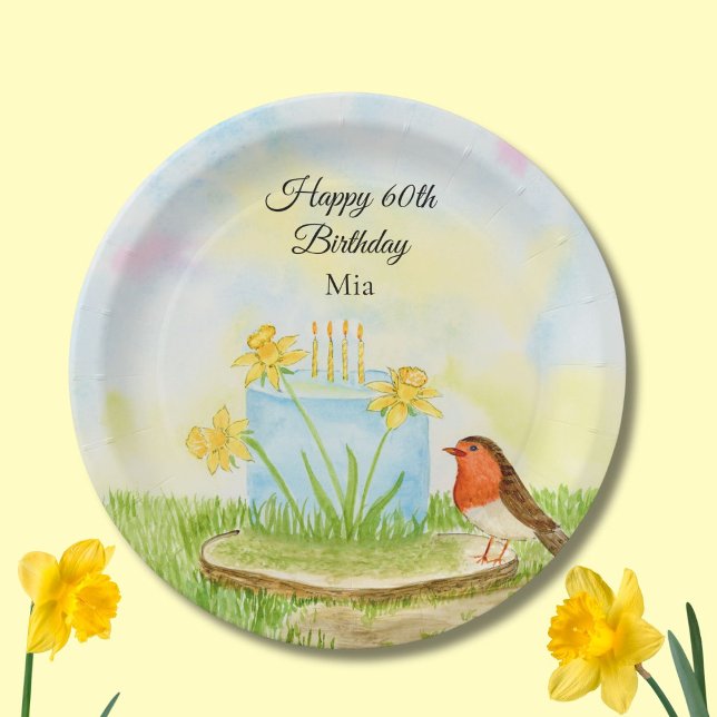 60th Birthday Robin with Daffodil Cake Paper Plate (Creator Uploaded)