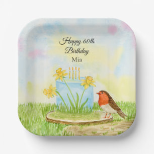 60th Birthday Robin with Daffodil Cake Paper Plate