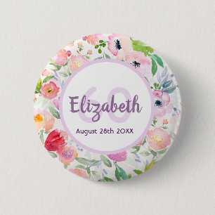 60th birthday romantic watercolored pink flowers 6 cm round badge