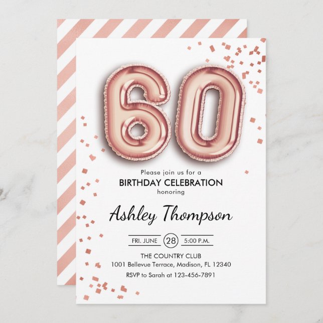 60th Birthday - Rose Gold Balloons Invitation (Front/Back)