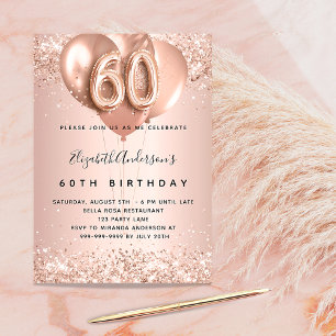 60th birthday rose gold balloons invitation