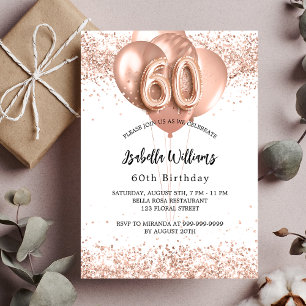 60th birthday rose gold balloons white  invitation