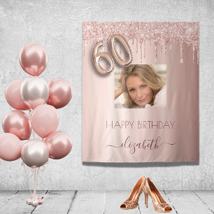60th birthday rose gold blush glitter drips photo tapestry