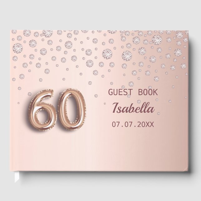 60th birthday rose gold blush name glamourous  guest book (Front)