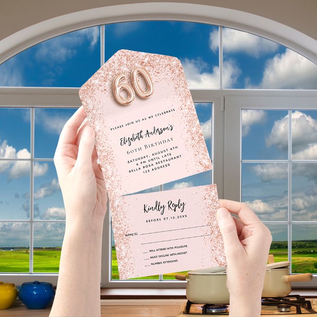 60th birthday rose gold blush pink party RSVP All In One Invitation (Creator Uploaded)