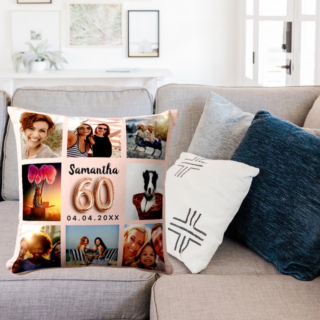 60th birthday rose gold blush pink photo collage cushion (Creator Uploaded)