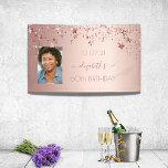 60th birthday rose gold blush stars photo banner<br><div class="desc">A banner for a girly and glamourous 60th birthday party. A faux rose gold metallic looking background with shiny and glittery dripping stars. Personalise and add your own photo, a name written in dark rose gold with a large modern hand lettered style script with swashes. To keep the swashes only...</div>