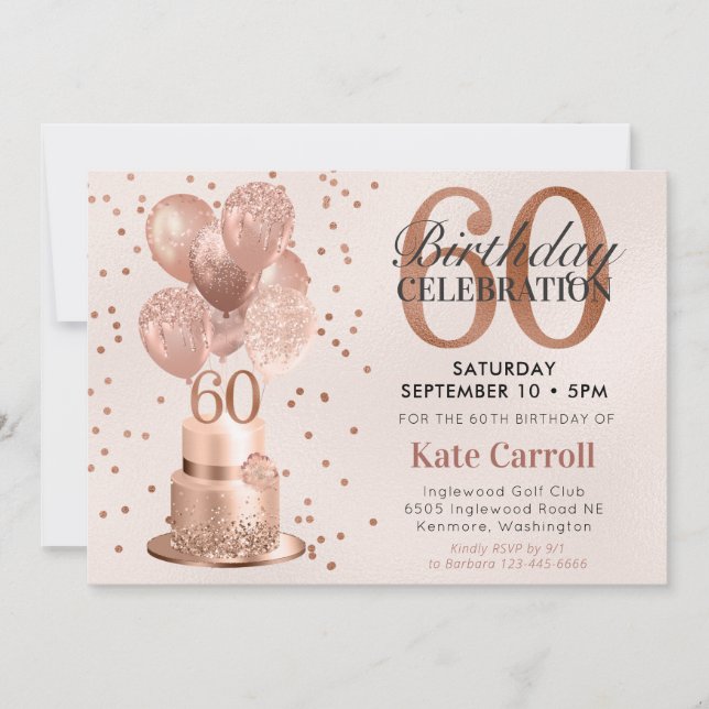 60th Birthday Rose Gold Cake Invitation (Front)