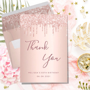 60th birthday rose gold drips glamorous thank you card