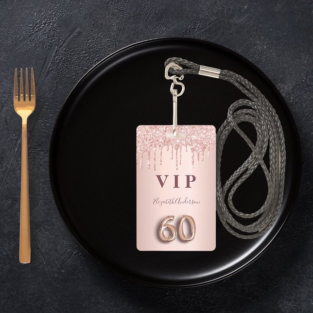60th birthday rose gold drips pink ID badge (Creator Uploaded)