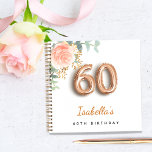 60th birthday rose gold eucalyptus guest book<br><div class="desc">For an elegant and feminine 60th birthday party. A chic white background. Decorated with a rose gold and blush pink watercolored rose flower, floral, green eucalyptus leaves, sprigs, greenery and faux gold sprigs. Personalise and a name. Black and golden letters. The name is written with a modern hand lettered style...</div>