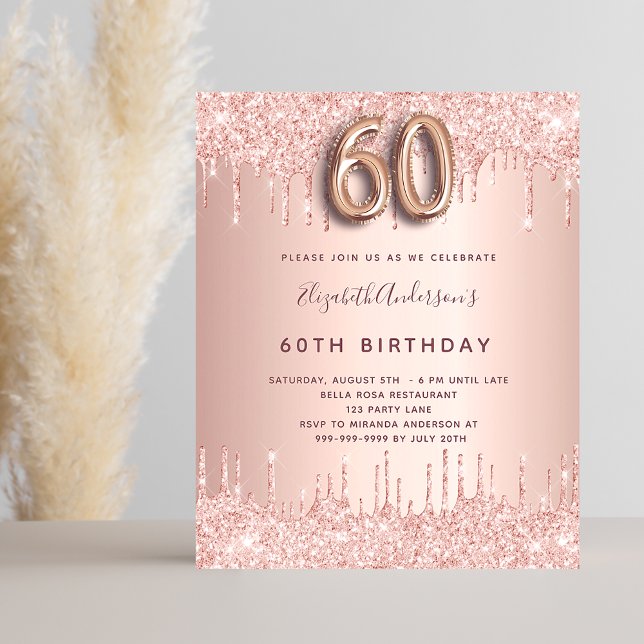 60th Birthday rose gold glitter budget invitation Flyer (Creator Uploaded)