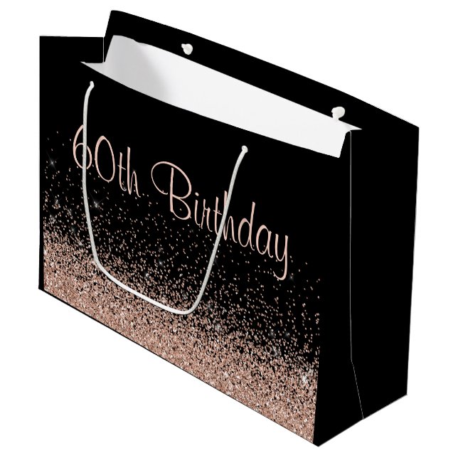 60th Birthday Rose Gold Glitter  Large Gift Bag (Front Angled)