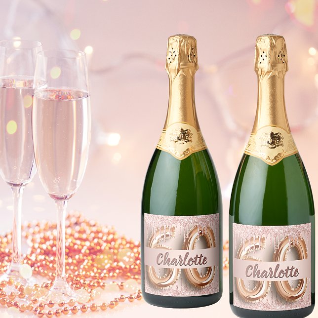 60th birthday rose gold glitter monogram luxury sparkling wine label (Creator Uploaded)